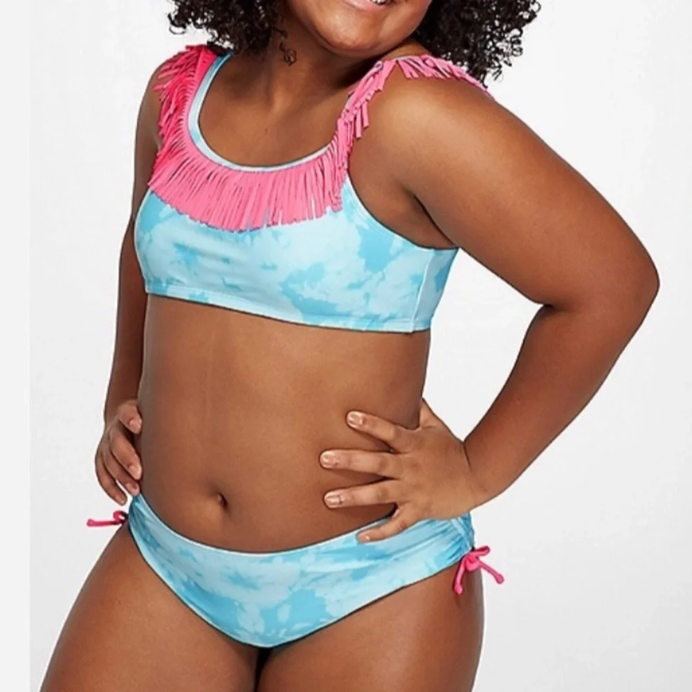 nwt justice girls tie dye fringe bikini-sz 8 bathing swim suit pink blue